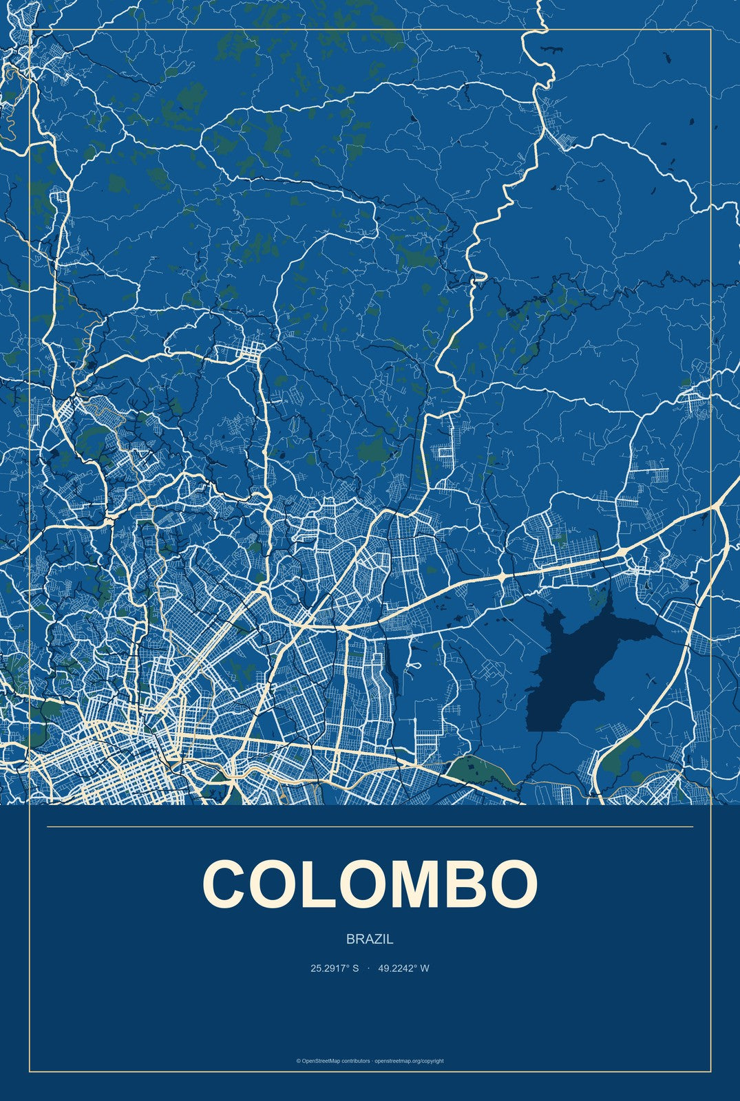 Colombo, Brazil City Map Aluminum Sign in Harbor Cobalt style
