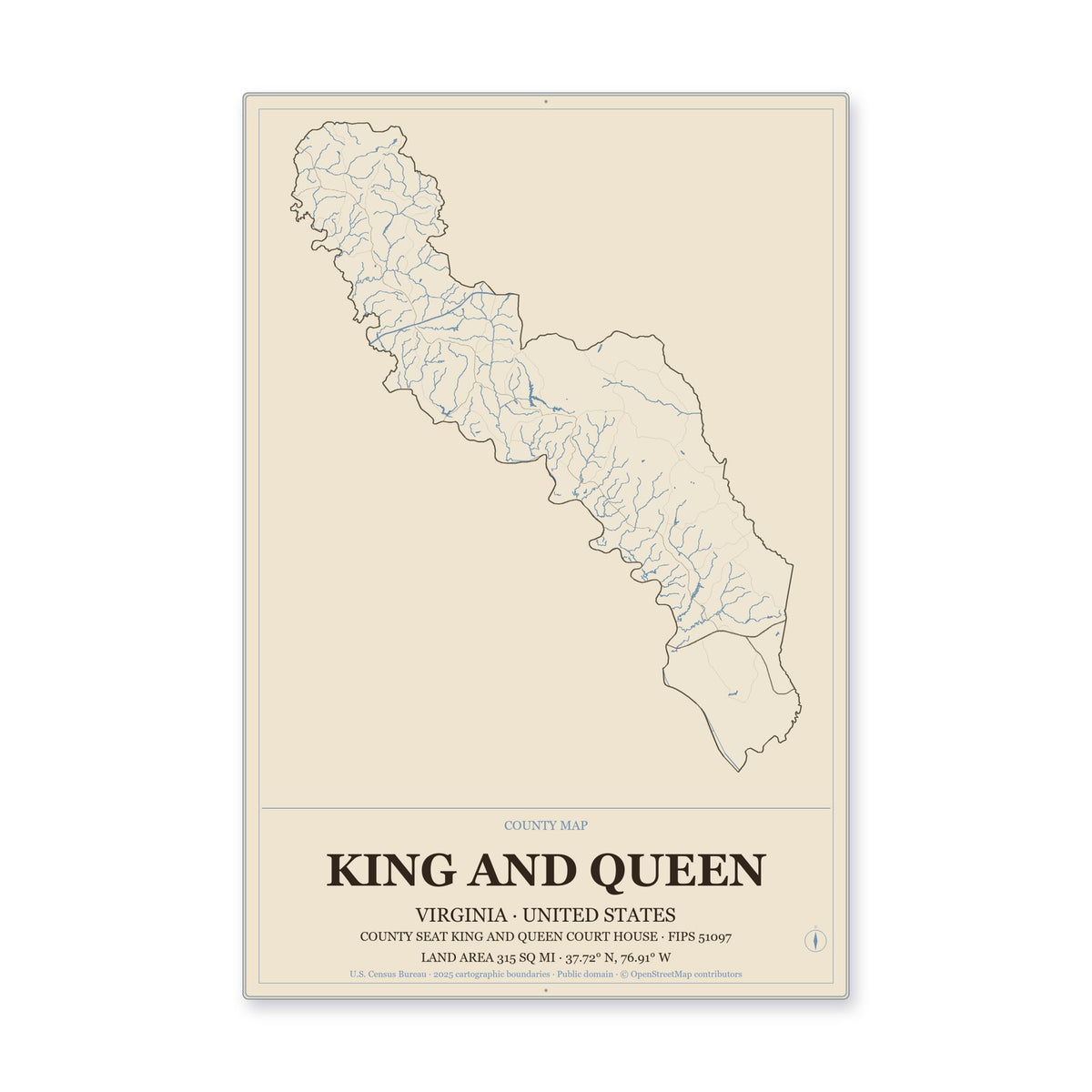 King and Queen County, Virginia Map Aluminum Sign in Heritage Nautical style