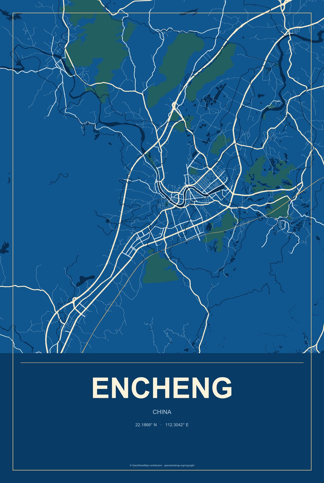 Encheng, China City Map Aluminum Sign in Harbor Cobalt style