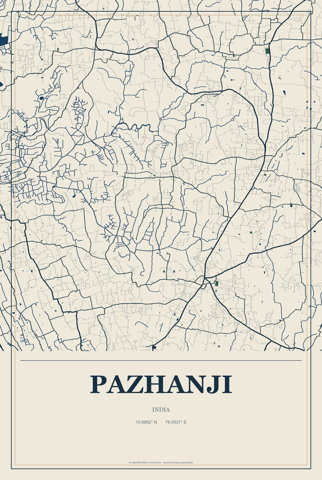 Pazhanji, India City Map Aluminum Sign in Coastal Cutout style