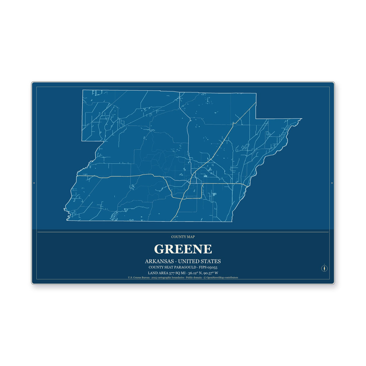 Greene County, Arkansas Map Aluminum Sign in Harbor Cobalt style