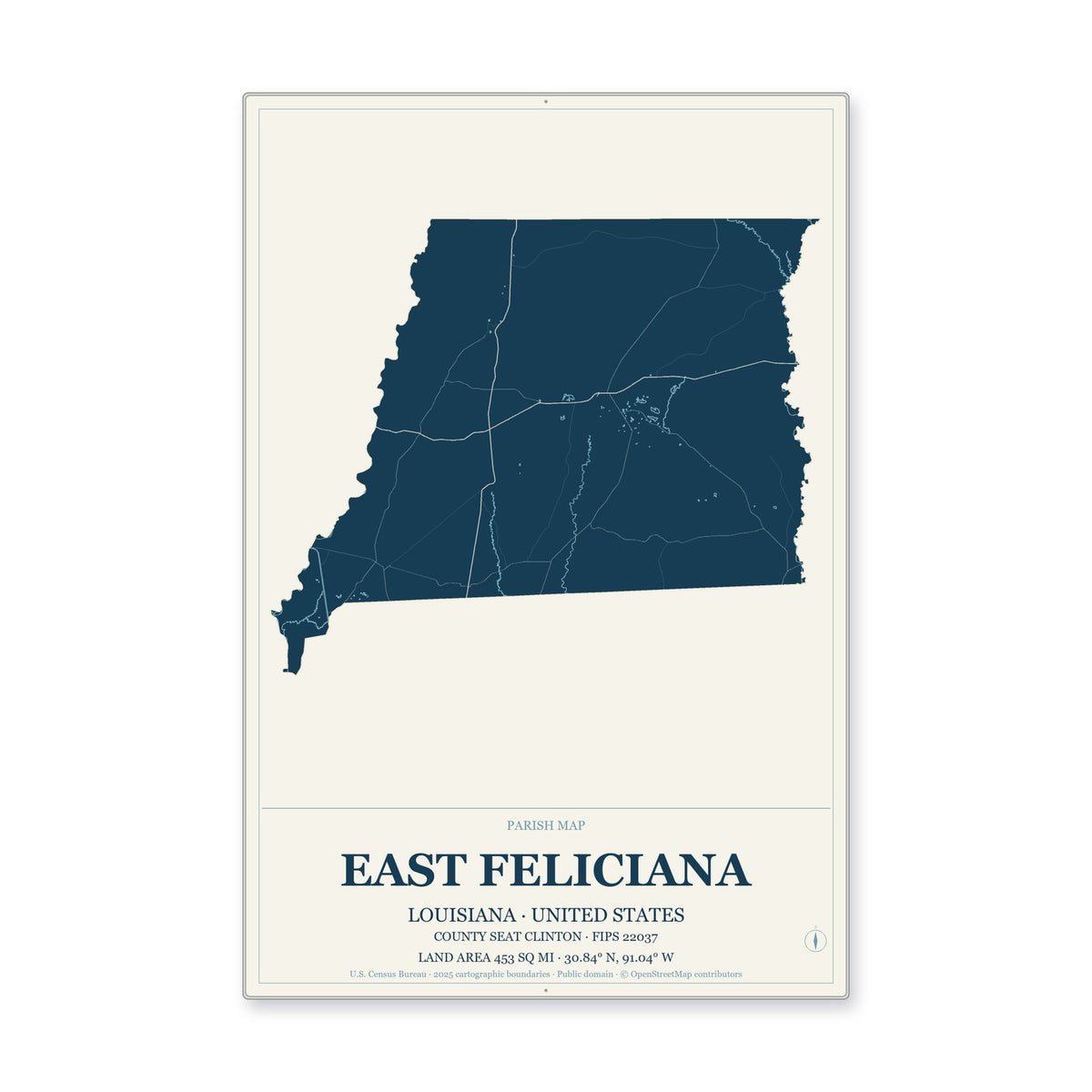 East Feliciana Parish, Louisiana Map Aluminum Sign in Coastal Cutout style