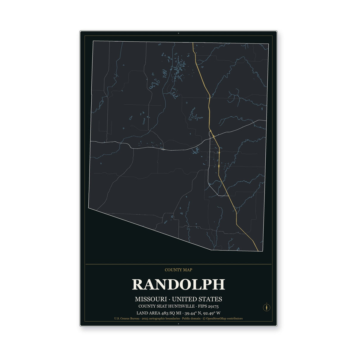 Randolph County, Missouri Map Aluminum Sign in Metropolitan Noir style
