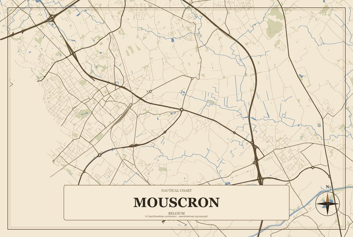 Mouscron, Belgium City Map Aluminum Sign in Heritage Nautical style