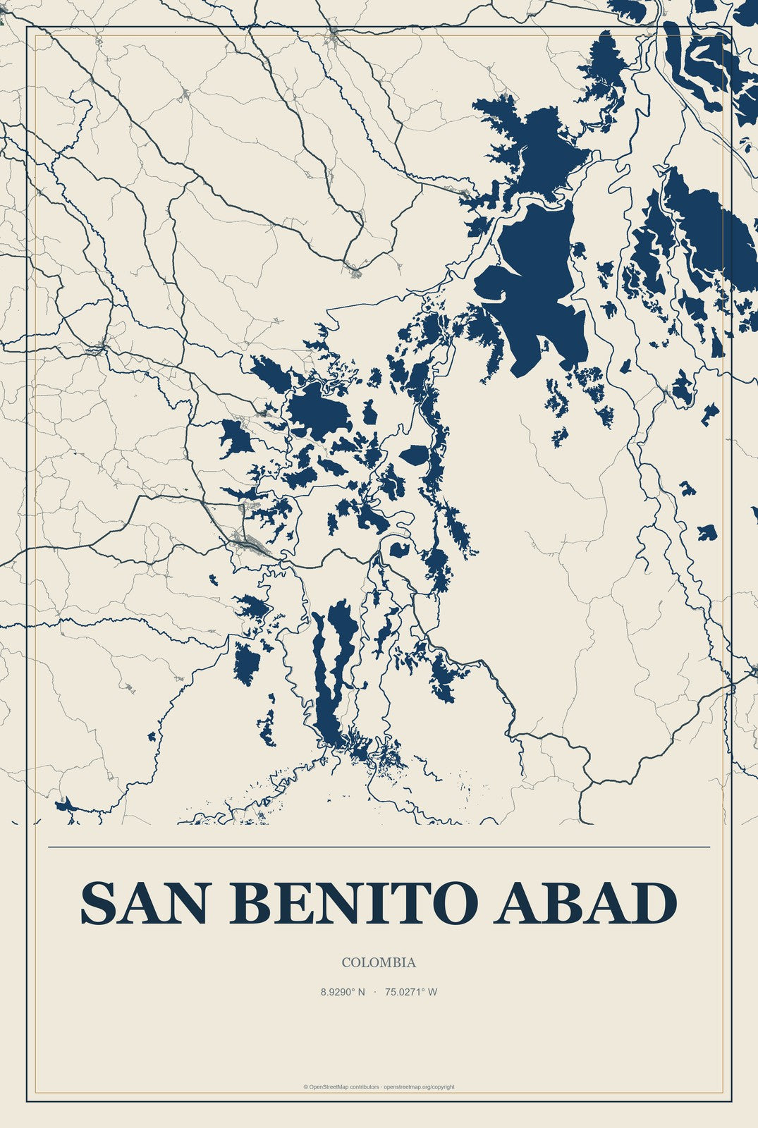 San Benito Abad, Colombia City Map Aluminum Sign in Coastal Cutout style