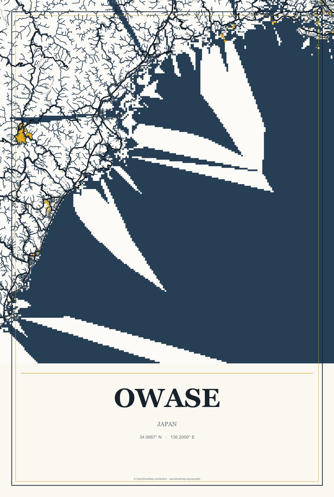 Owase, Japan City Map Aluminum Sign in Citrine Modern style