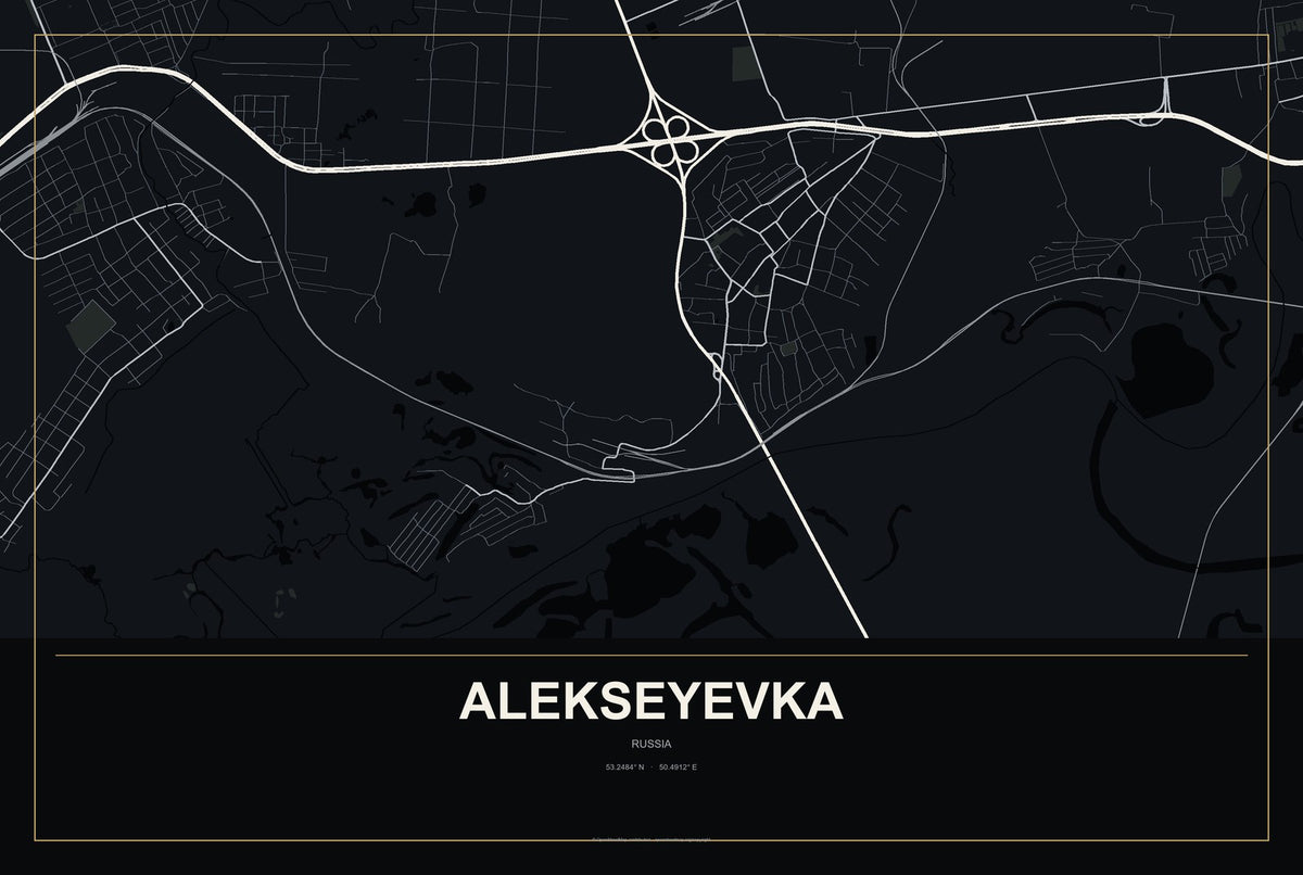 Alekseyevka, Russia City Map Aluminum Sign in Metropolitan Noir style