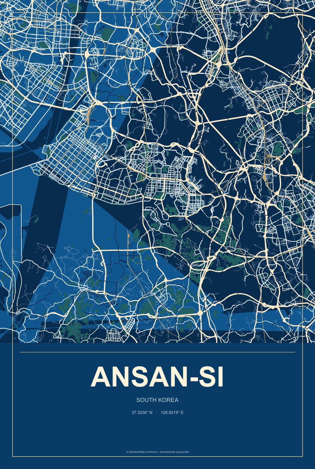 Ansan-si, South Korea City Map Aluminum Sign in Harbor Cobalt style