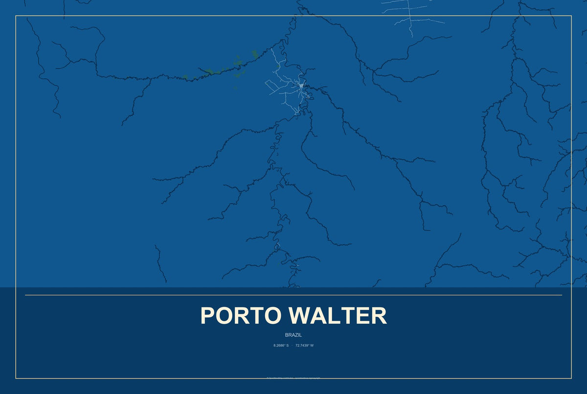 Porto Walter, Brazil City Map Aluminum Sign in Harbor Cobalt style