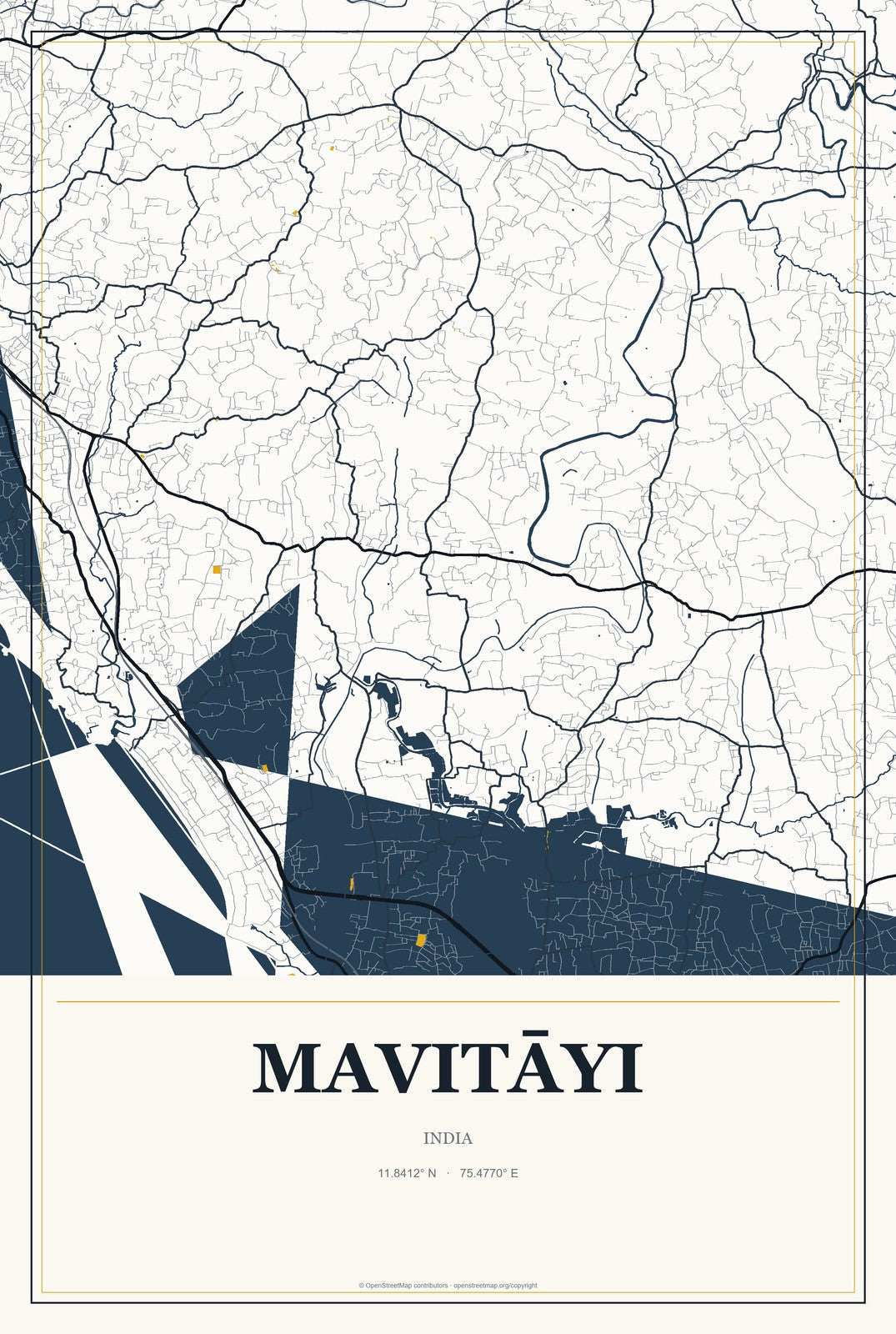 Mavitāyi, India City Map Aluminum Sign in Citrine Modern style