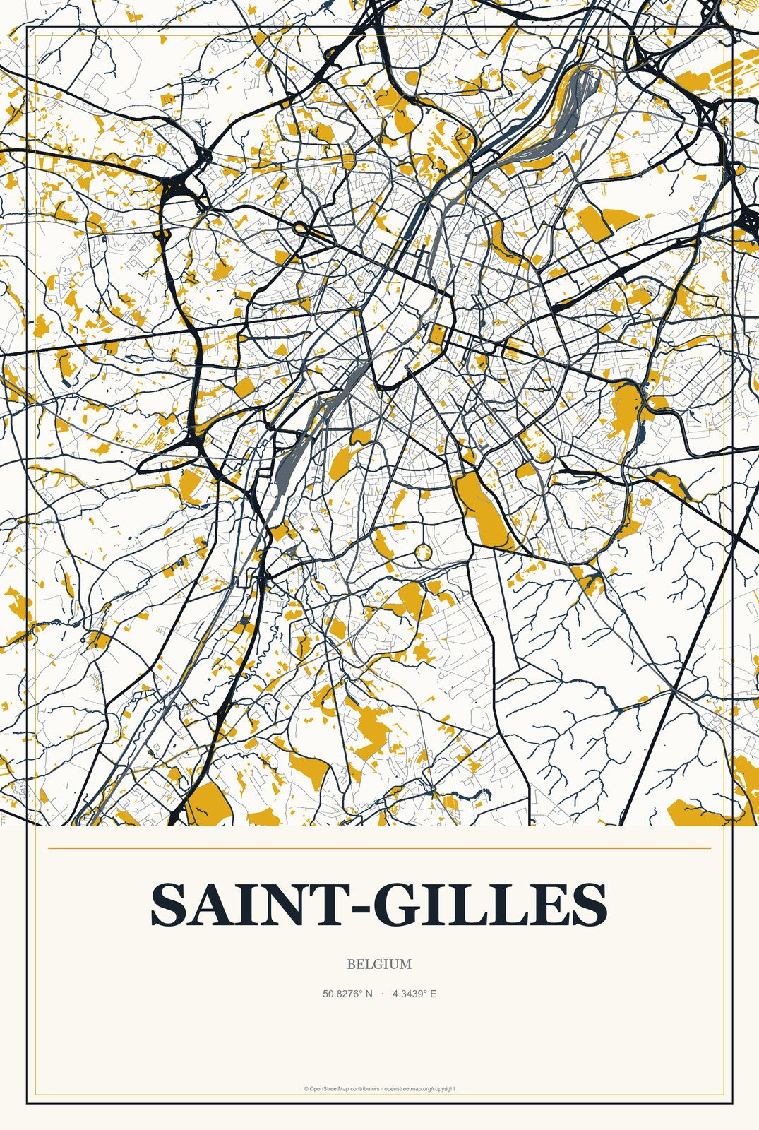 Saint-Gilles, Belgium City Map Aluminum Sign in Citrine Modern style