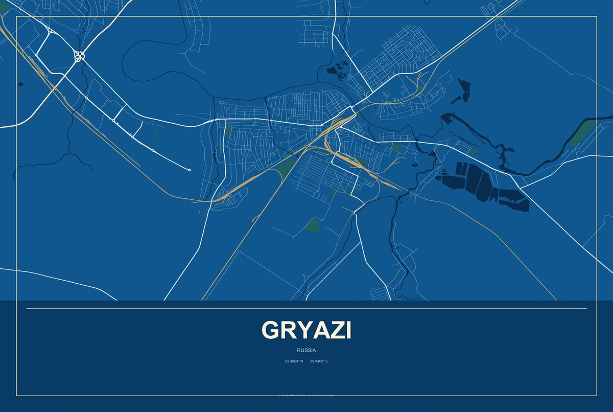 Gryazi, Russia City Map Aluminum Sign in Harbor Cobalt style
