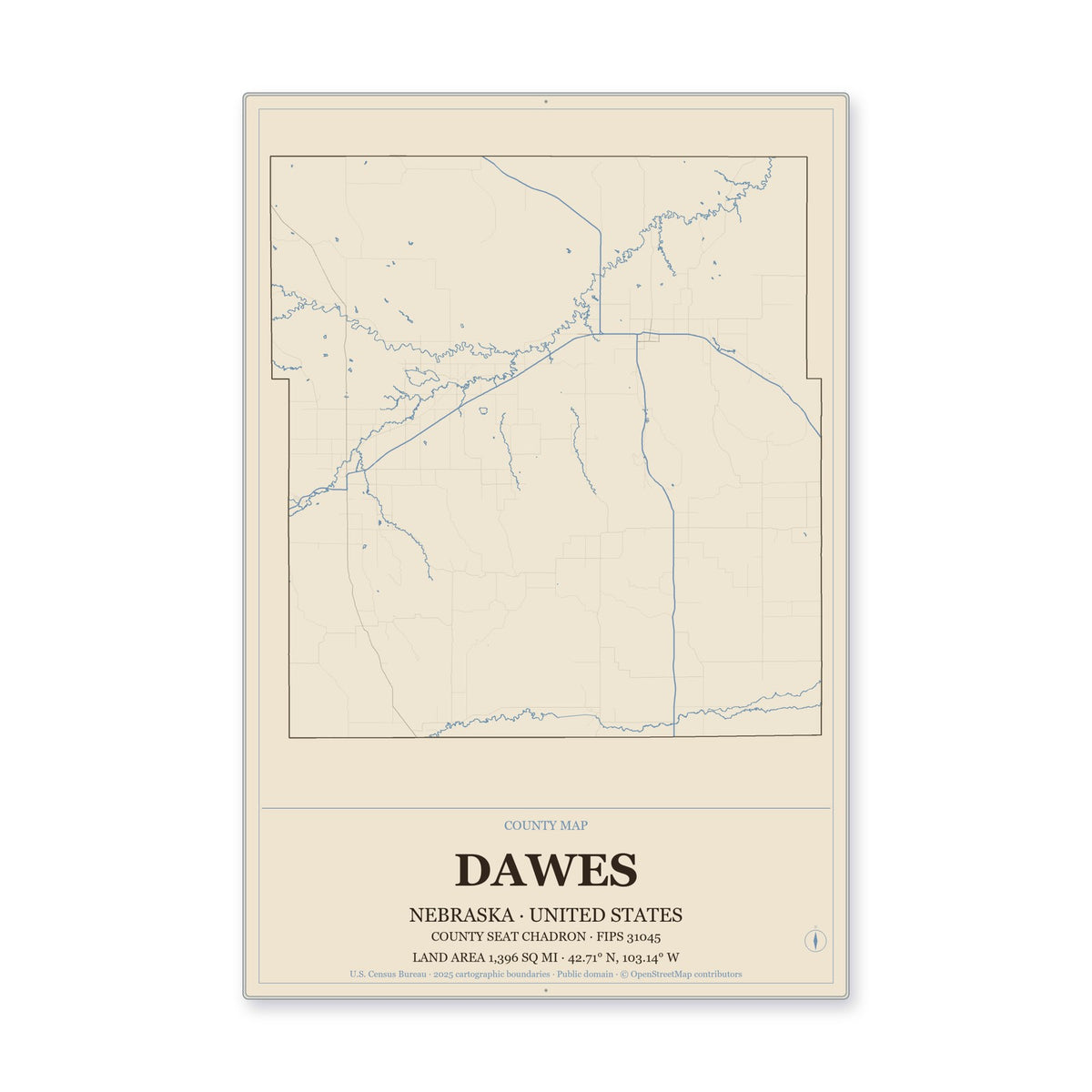 Dawes County, Nebraska Map Aluminum Sign in Heritage Nautical style