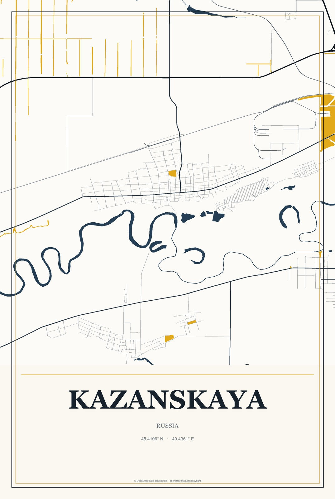 Kazanskaya, Russia City Map Aluminum Sign in Citrine Modern style