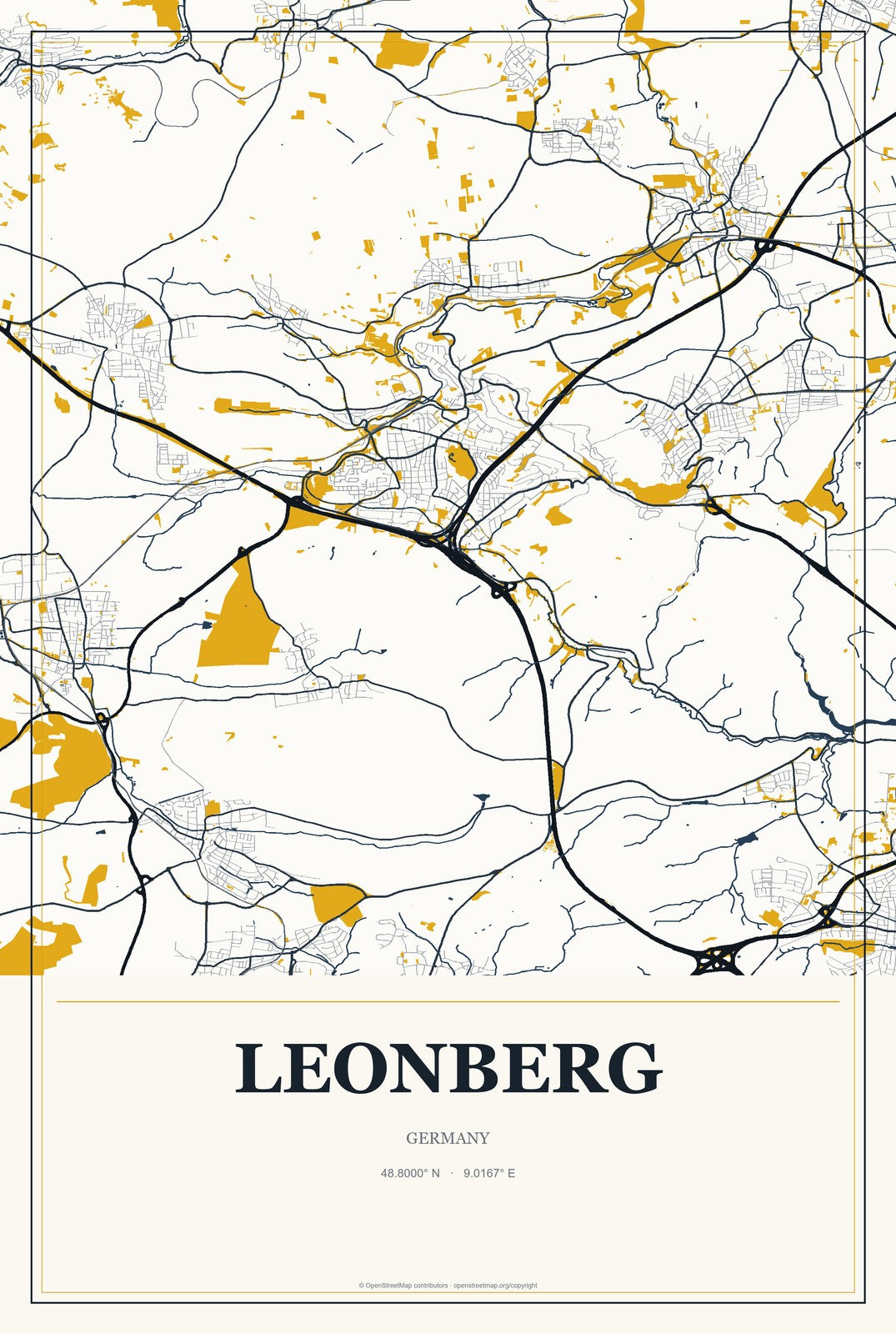 Leonberg, Germany City Map Aluminum Sign in Citrine Modern style