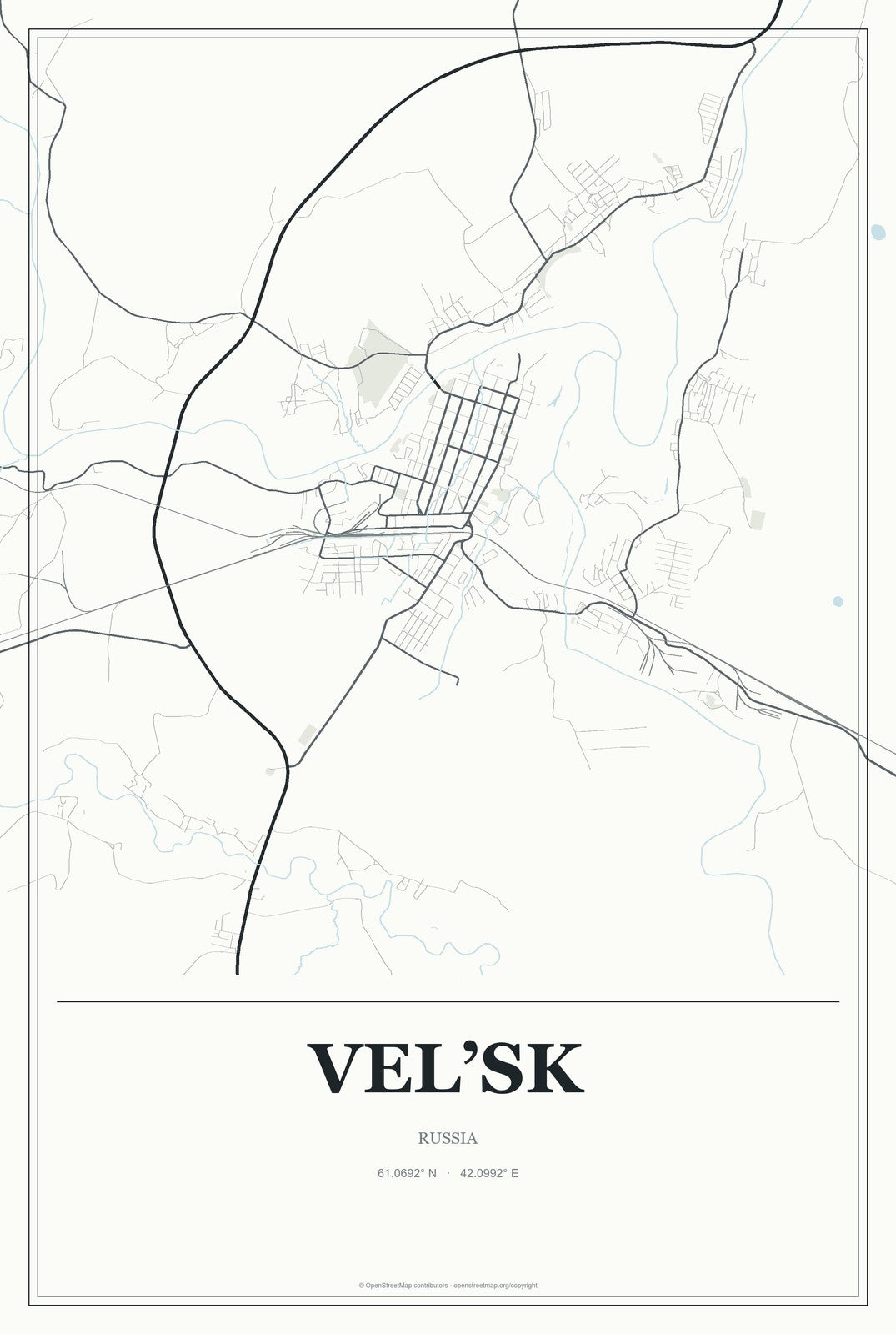 Vel’sk, Russia City Map Aluminum Sign in Gallery Air style