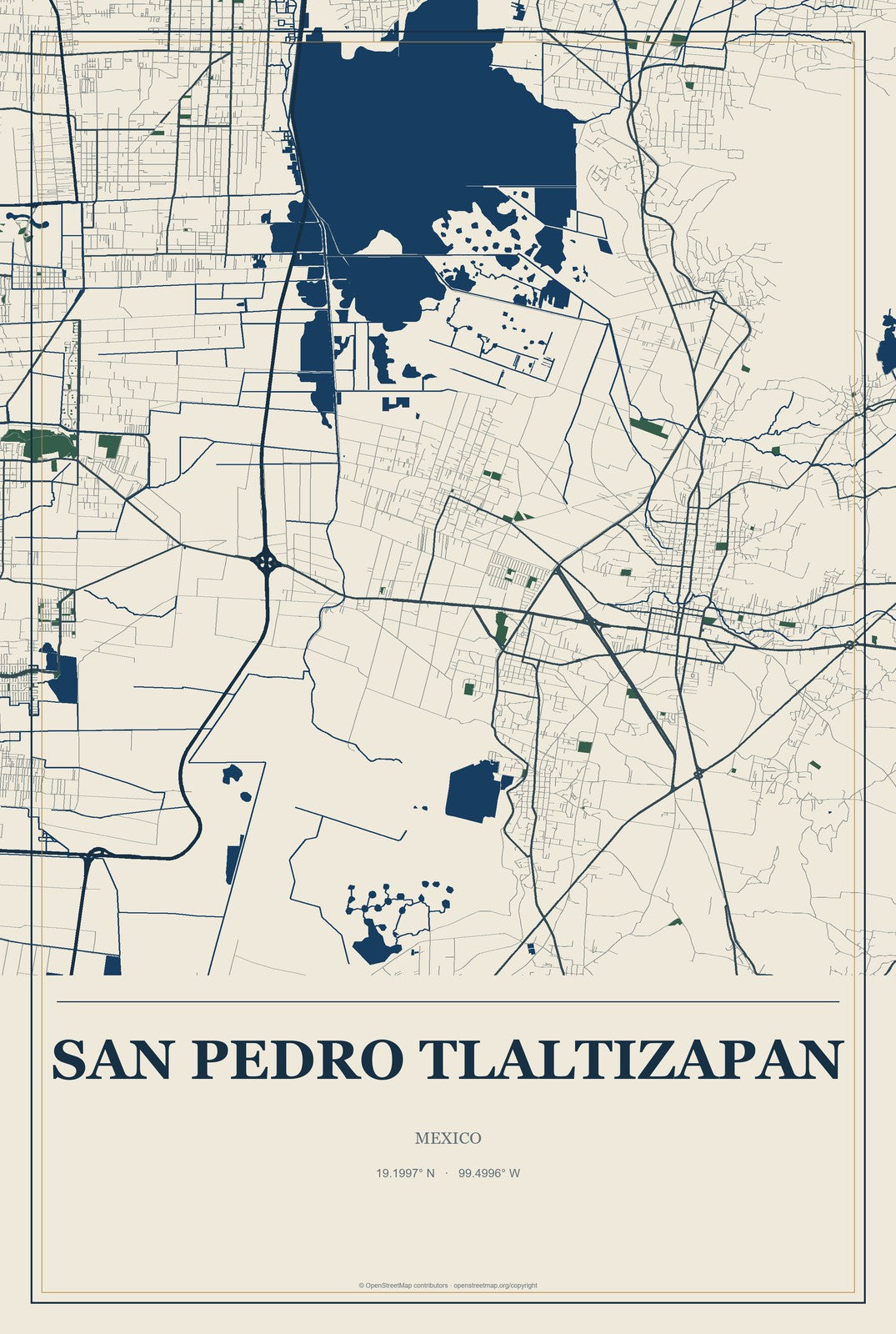 San Pedro Tlaltizapan, Mexico City Map Aluminum Sign in Coastal Cutout style