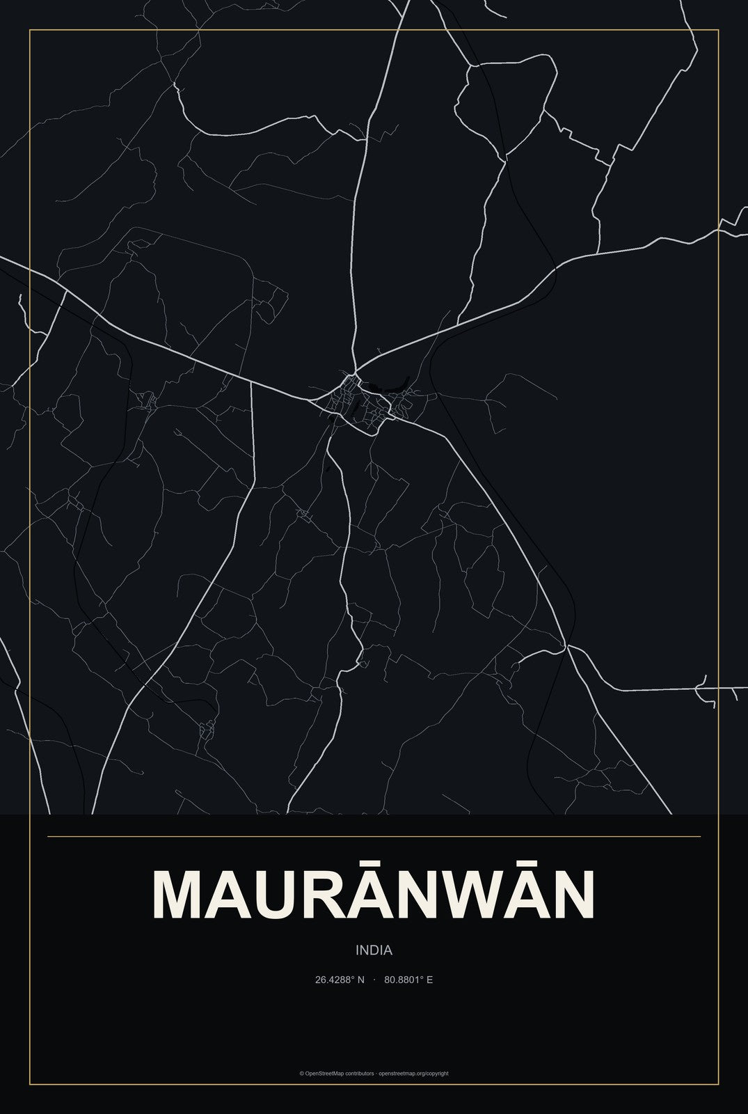 Maurānwān, India City Map Aluminum Sign in Metropolitan Noir style