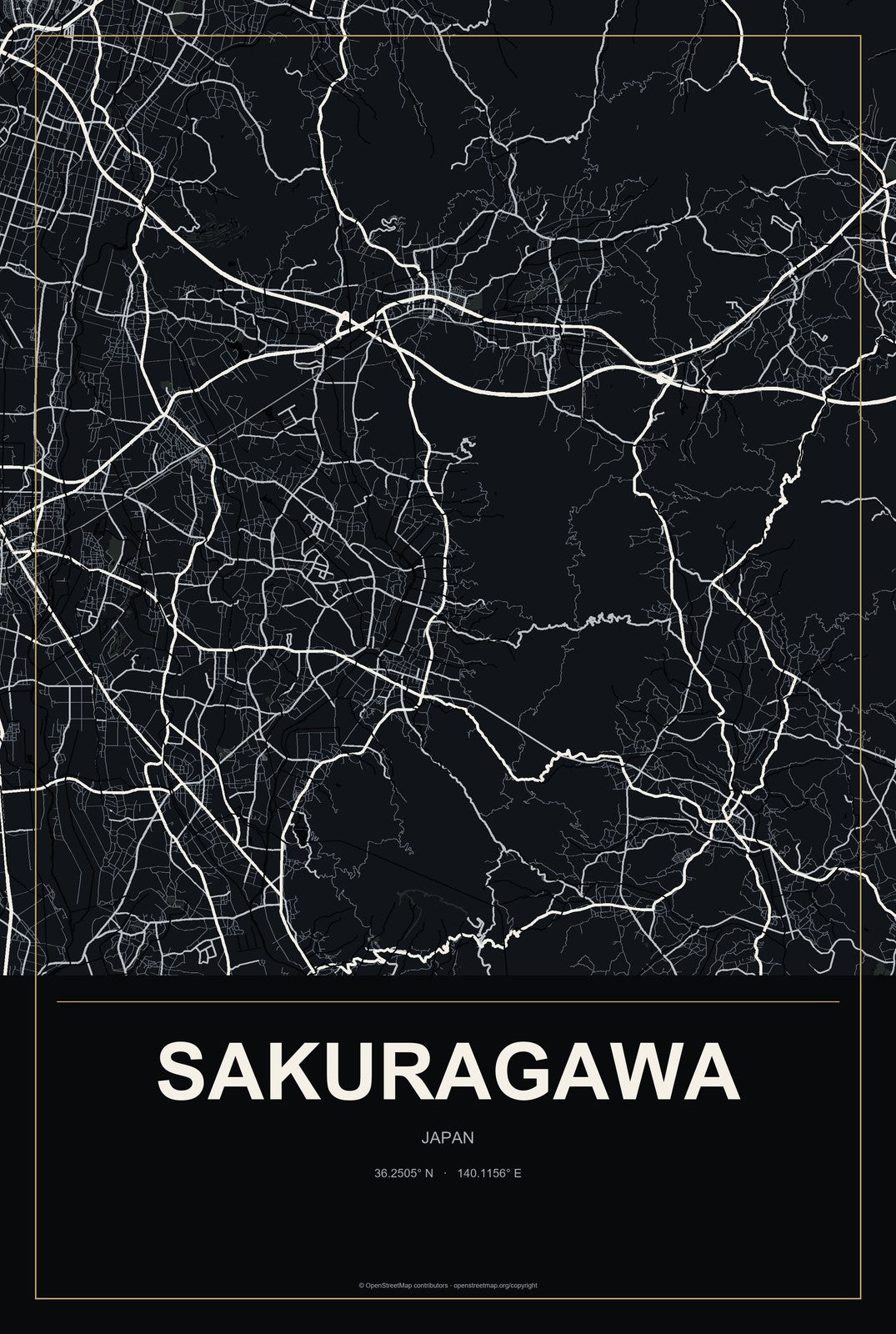 Sakuragawa, Japan City Map Aluminum Sign in Metropolitan Noir style
