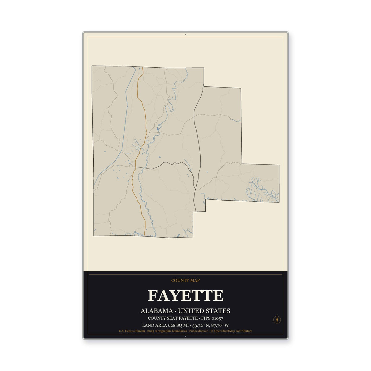 Fayette County, Alabama Map Aluminum Sign in Museum Plaque style