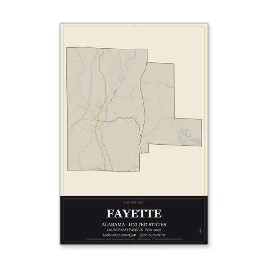 Fayette County, Alabama Map Aluminum Sign in Museum Plaque style