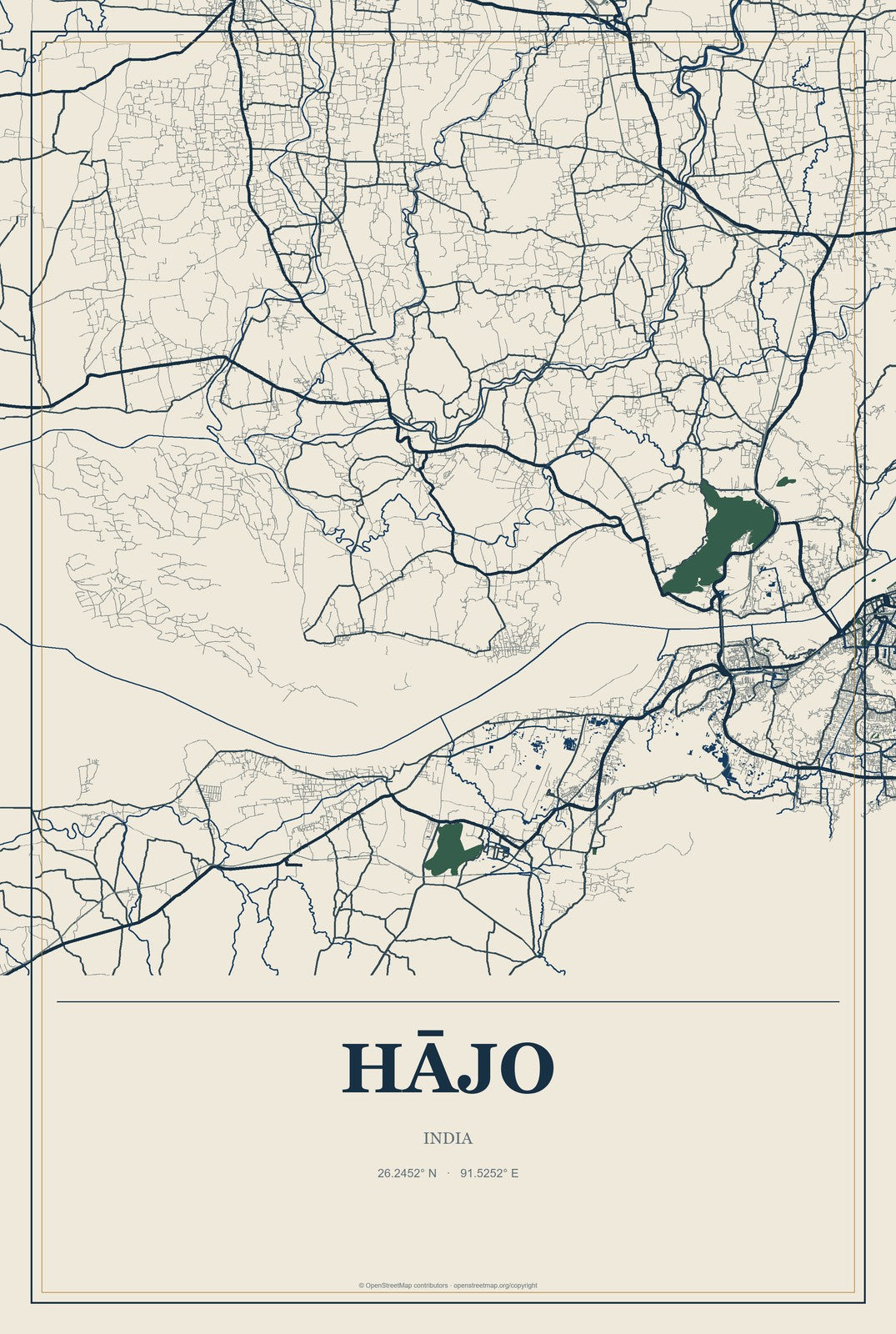 Hājo, India City Map Aluminum Sign in Coastal Cutout style
