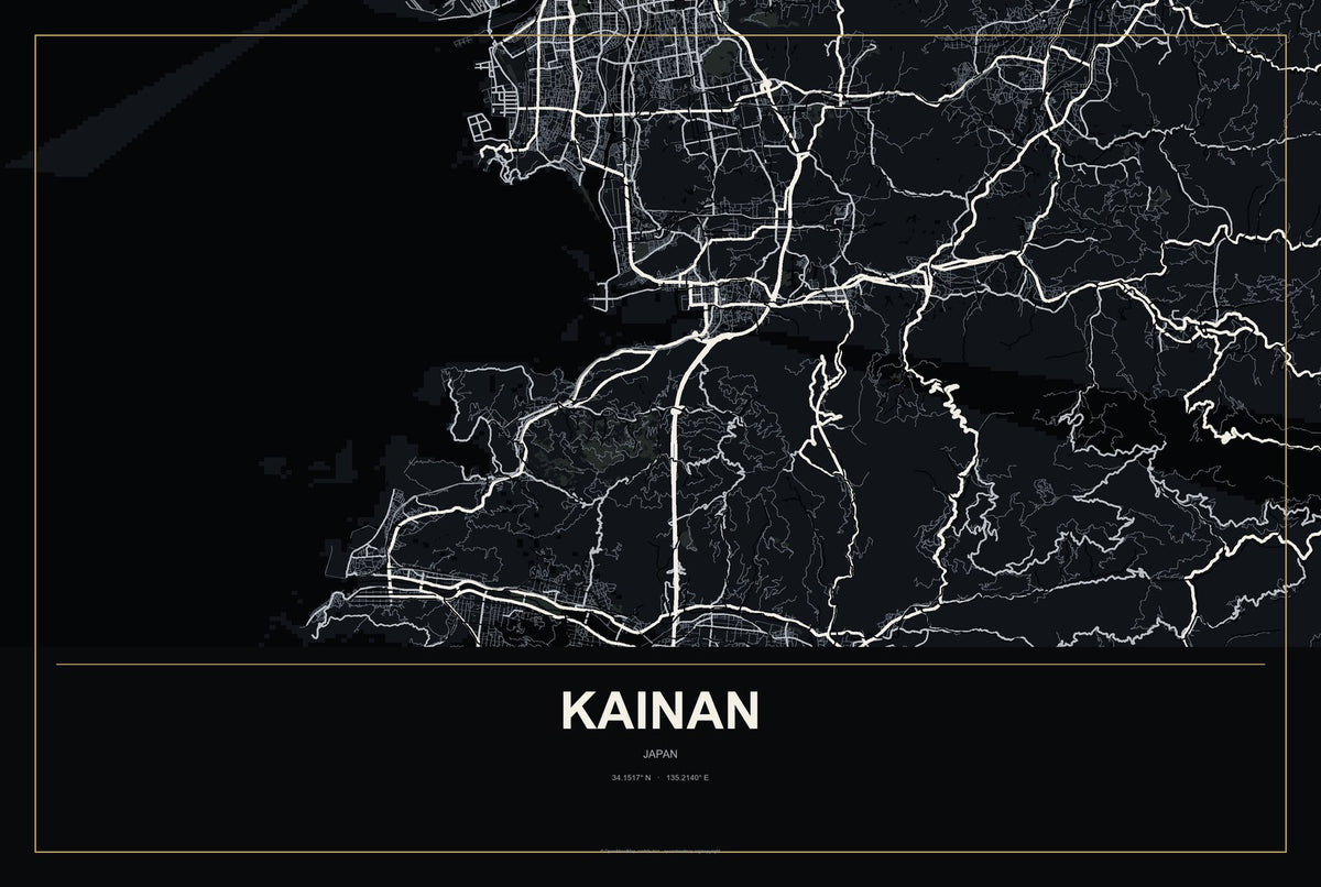 Kainan, Japan City Map Aluminum Sign in Metropolitan Noir style