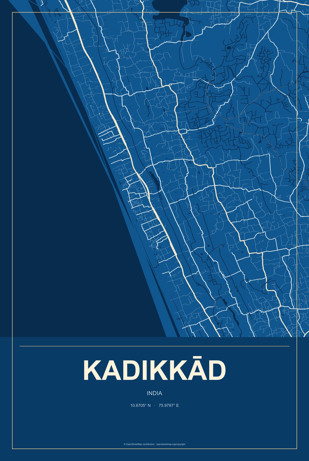 Kadikkād, India City Map Aluminum Sign in Harbor Cobalt style
