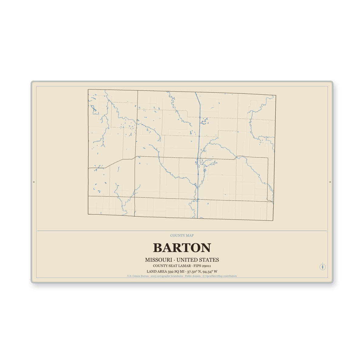 Barton County, Missouri Map Aluminum Sign in Heritage Nautical style