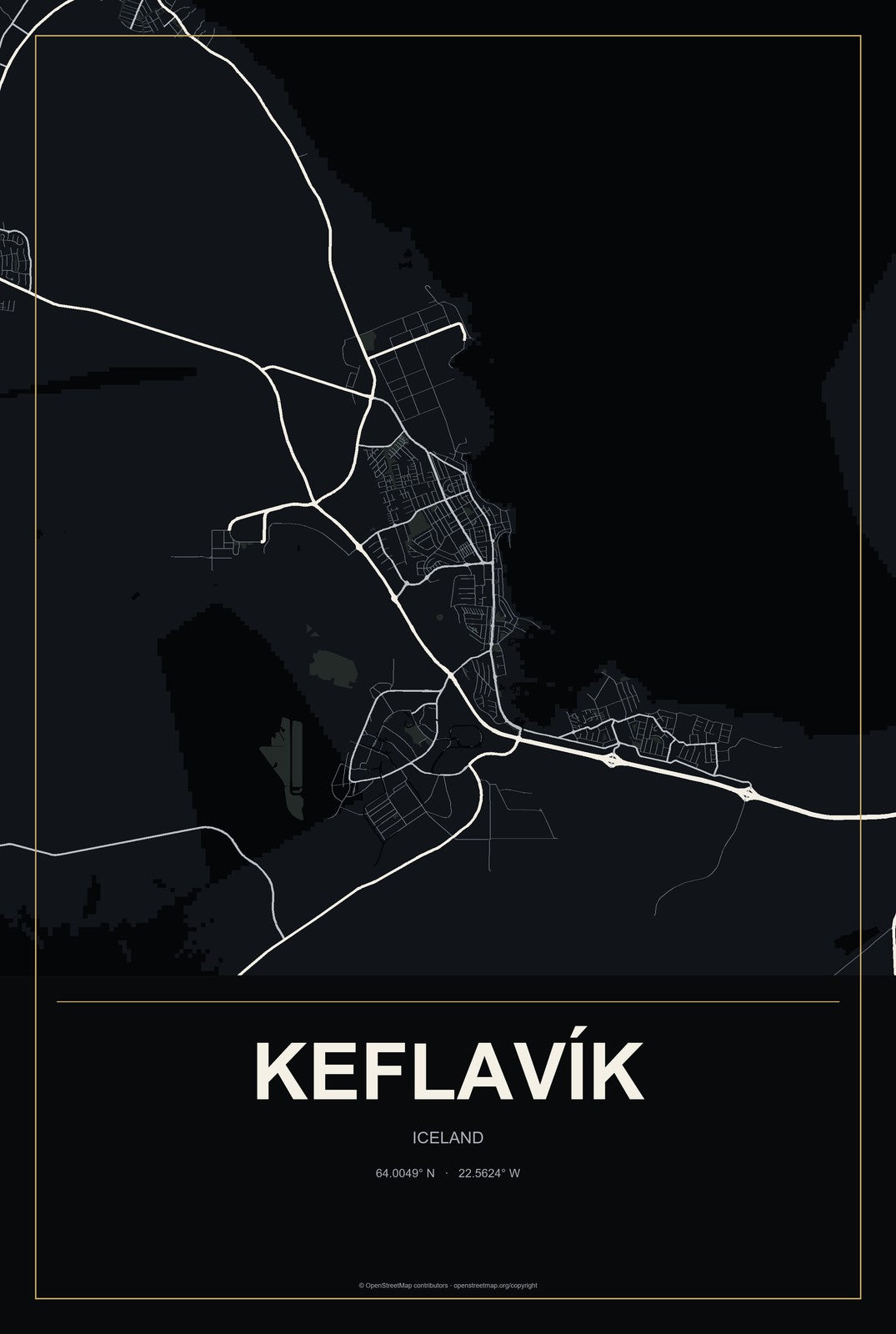 Keflavík, Iceland City Map Aluminum Sign in Metropolitan Noir style
