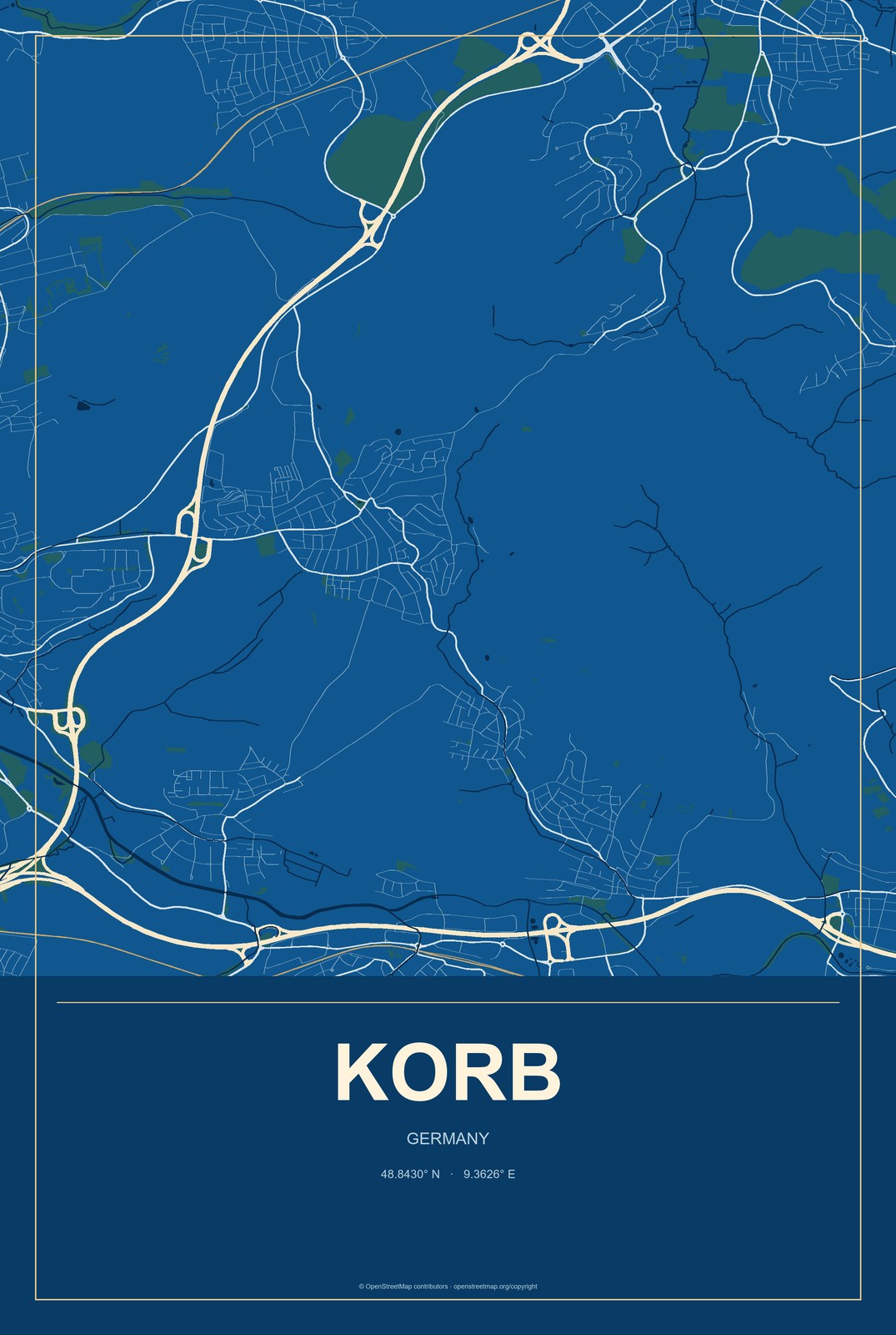 Korb, Germany City Map Aluminum Sign in Harbor Cobalt style
