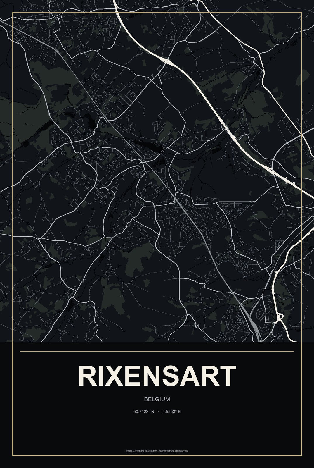 Rixensart, Belgium City Map Aluminum Sign in Metropolitan Noir style