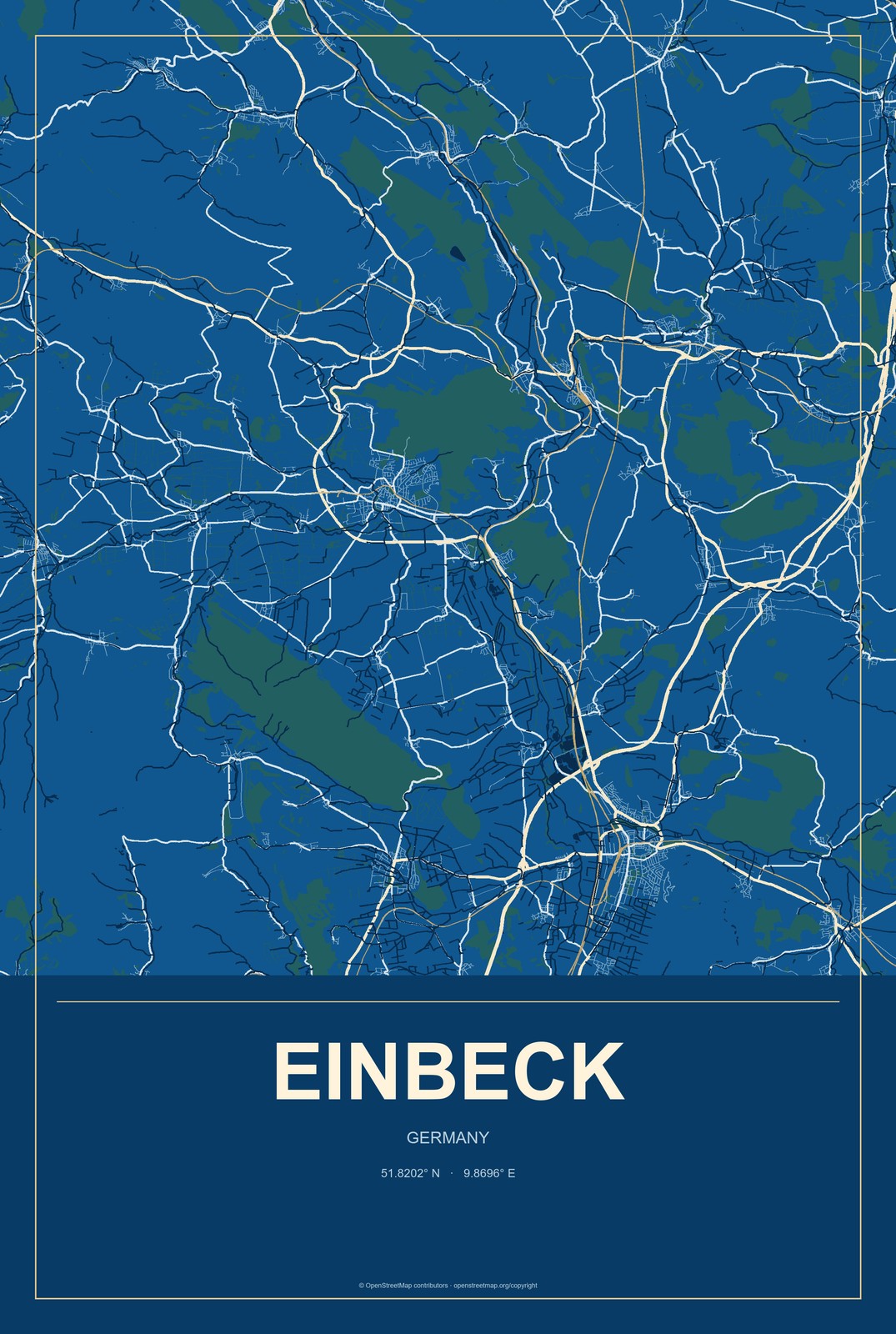 Einbeck, Germany City Map Aluminum Sign in Harbor Cobalt style
