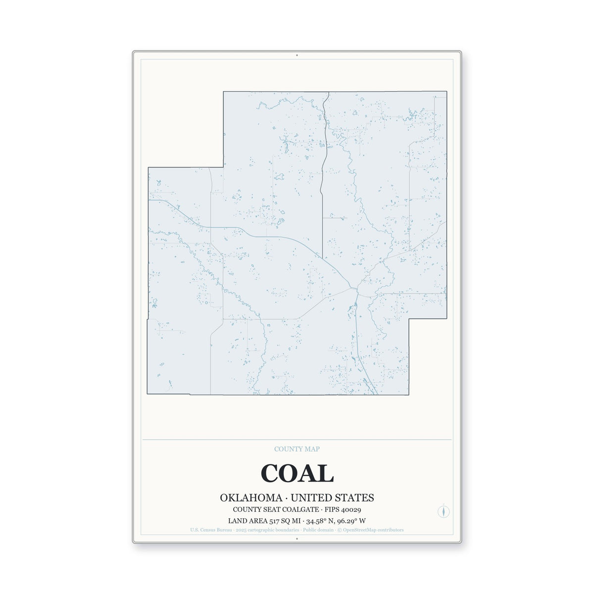 Coal County, Oklahoma Map Aluminum Sign in Gallery Air style