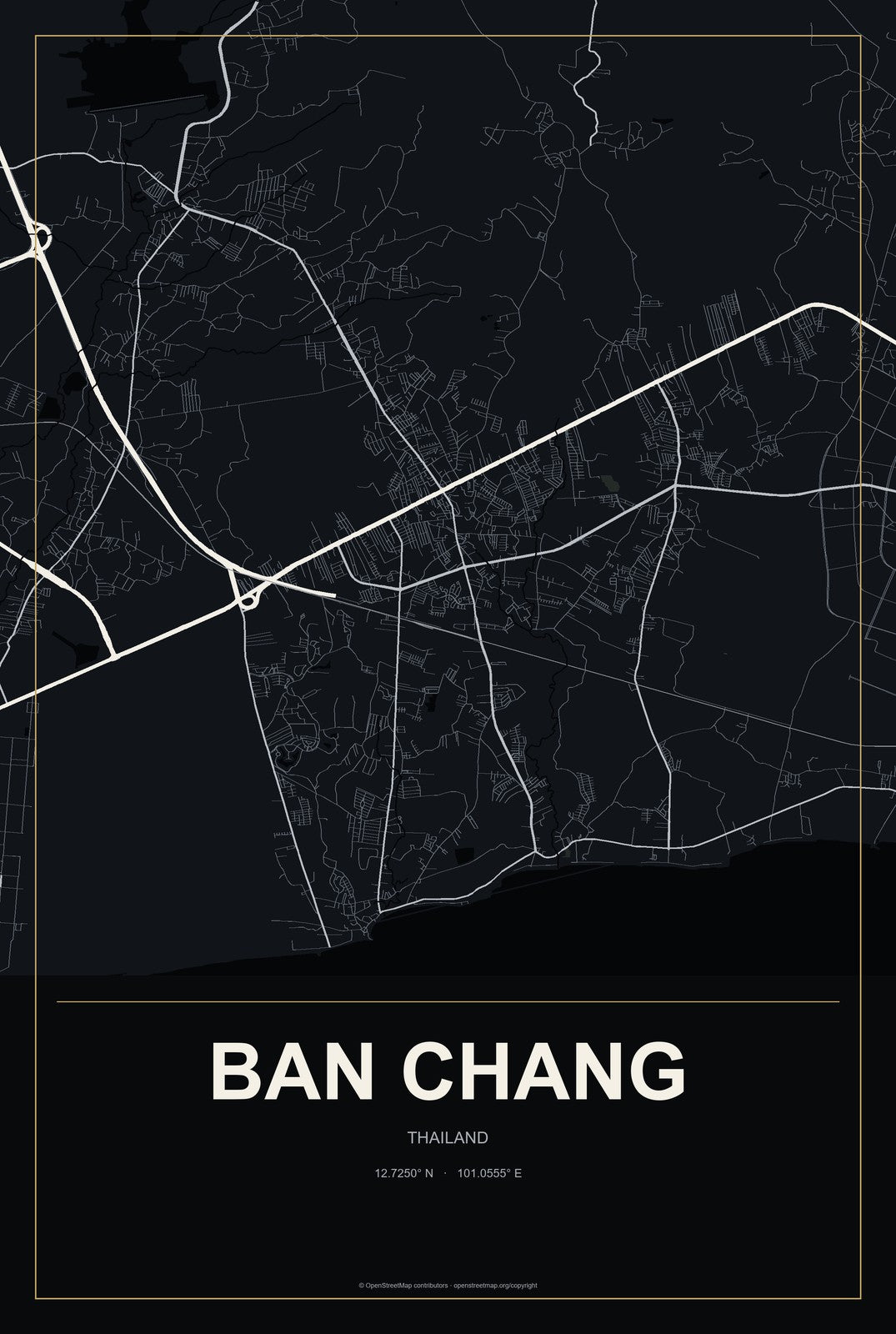 Ban Chang, Thailand City Map Aluminum Sign in Metropolitan Noir style