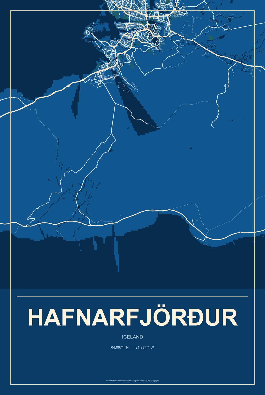 Hafnarfjörður, Iceland City Map Aluminum Sign in Harbor Cobalt style