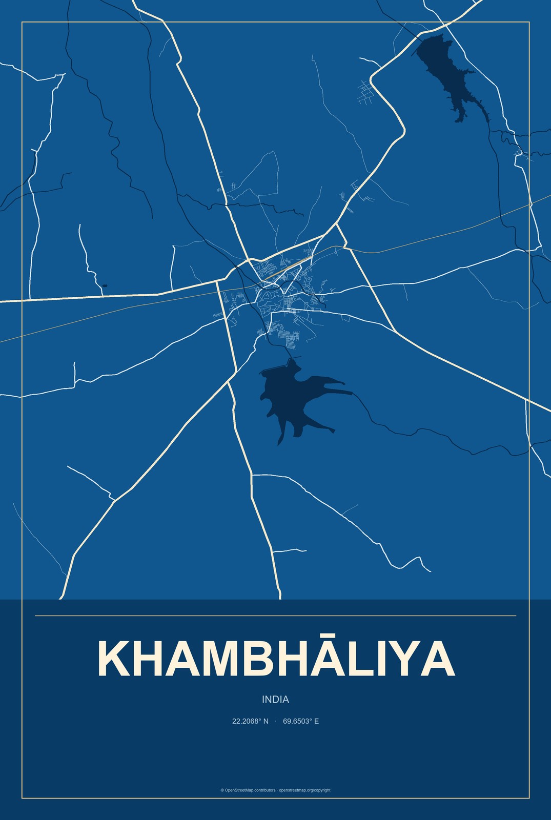 Khambhāliya, India City Map Aluminum Sign in Harbor Cobalt style
