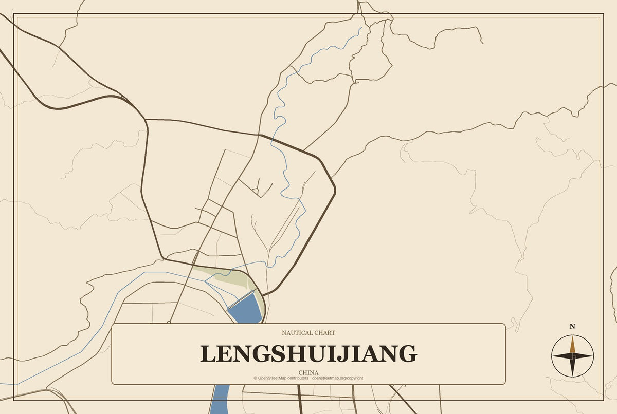 Lengshuijiang, China City Map Aluminum Sign in Heritage Nautical style