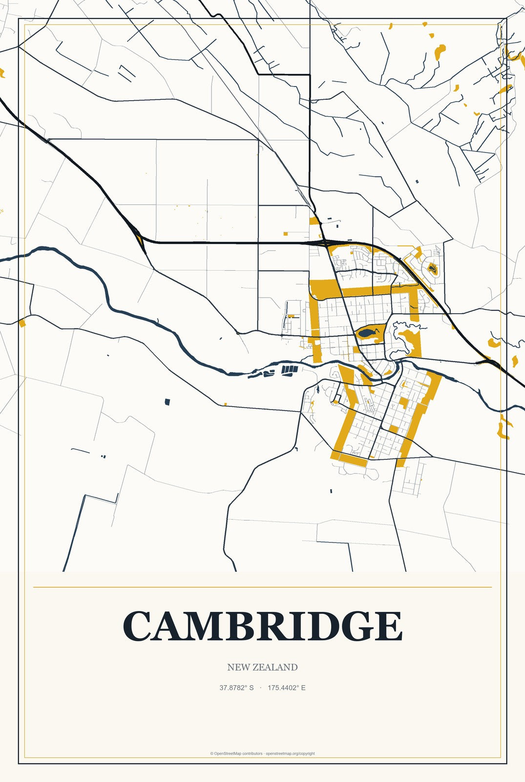 Cambridge, New Zealand City Map Aluminum Sign in Citrine Modern style