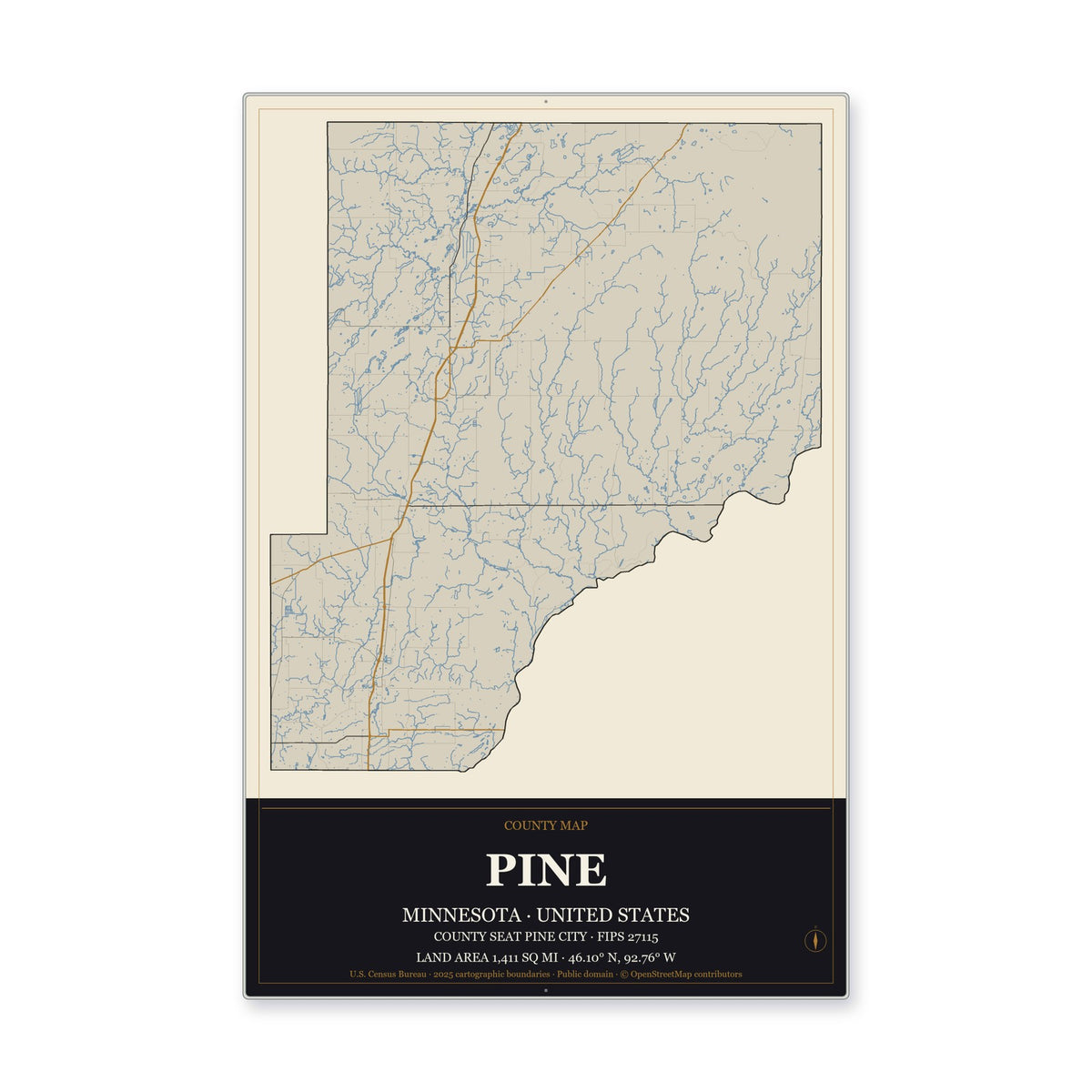 Pine County, Minnesota Map Aluminum Sign in Museum Plaque style