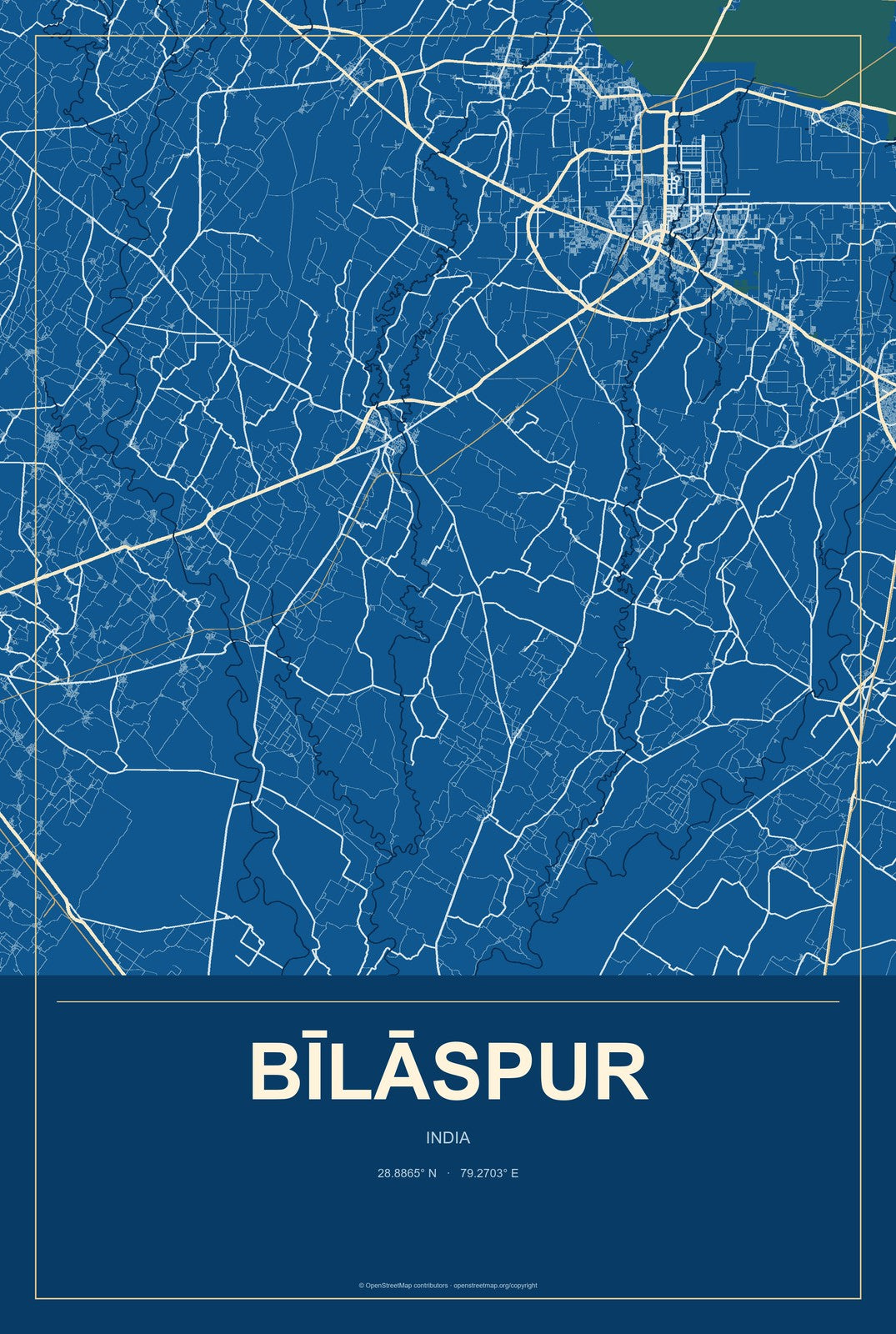 Bīlāspur, India City Map Aluminum Sign in Harbor Cobalt style