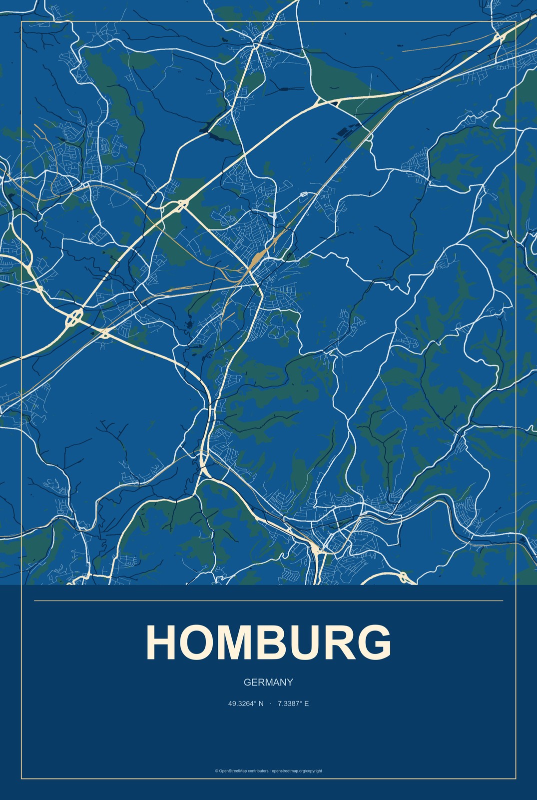 Homburg, Germany City Map Aluminum Sign in Harbor Cobalt style