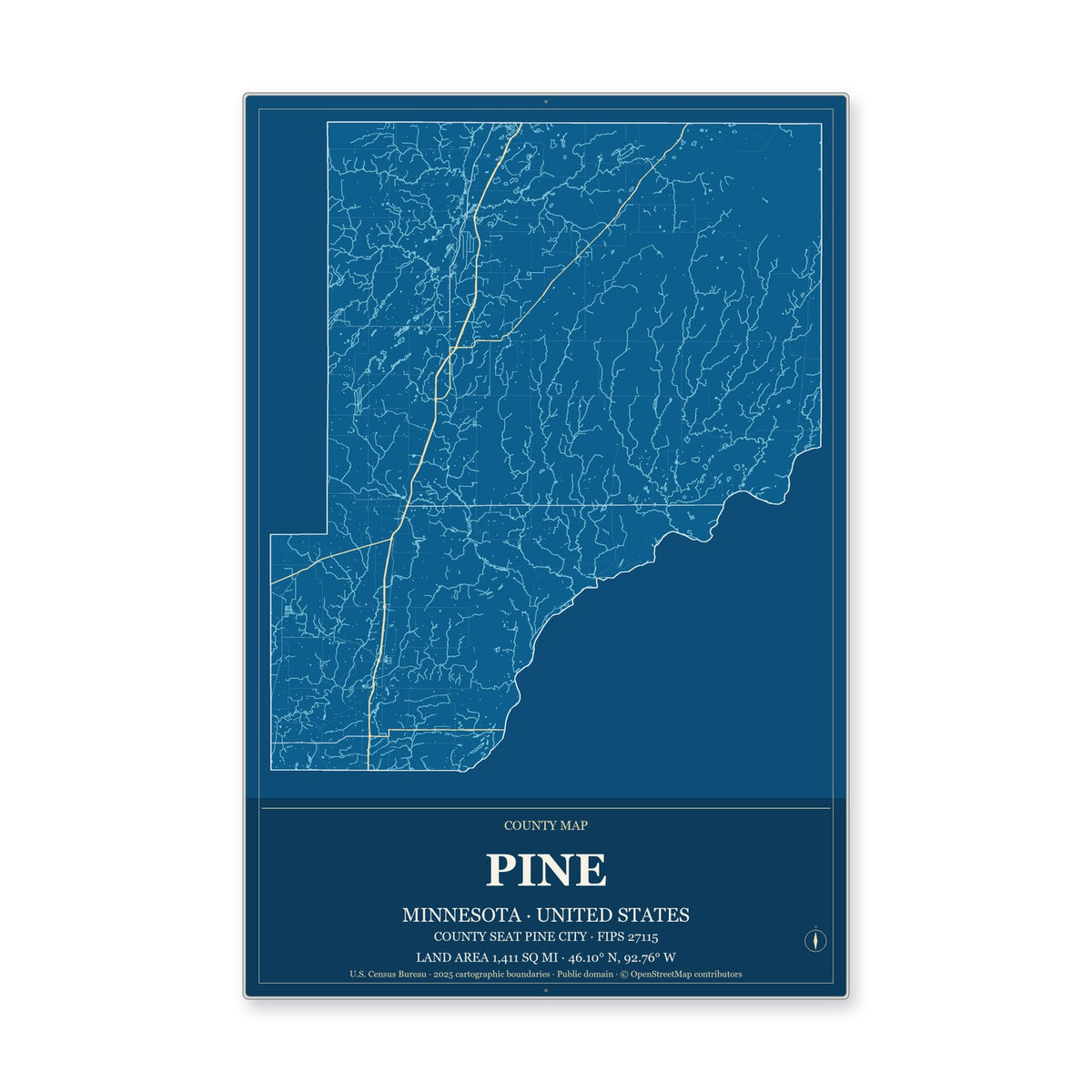 Pine County, Minnesota Map Aluminum Sign in Harbor Cobalt style