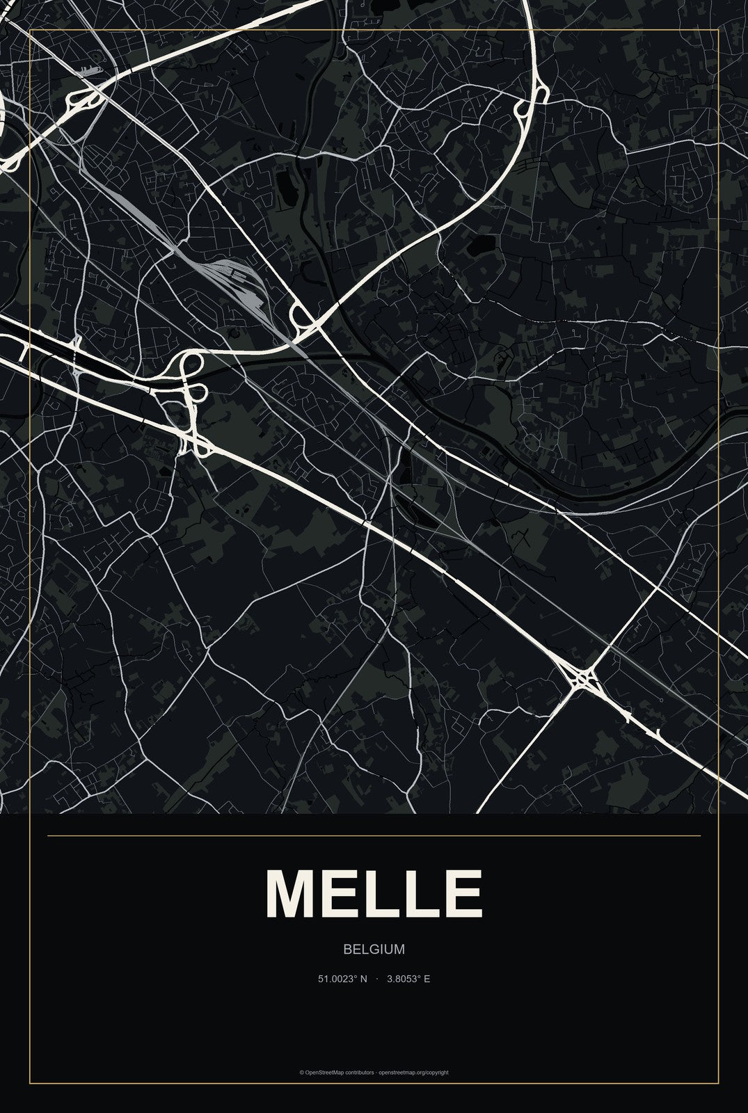 Melle, Belgium City Map Aluminum Sign in Metropolitan Noir style
