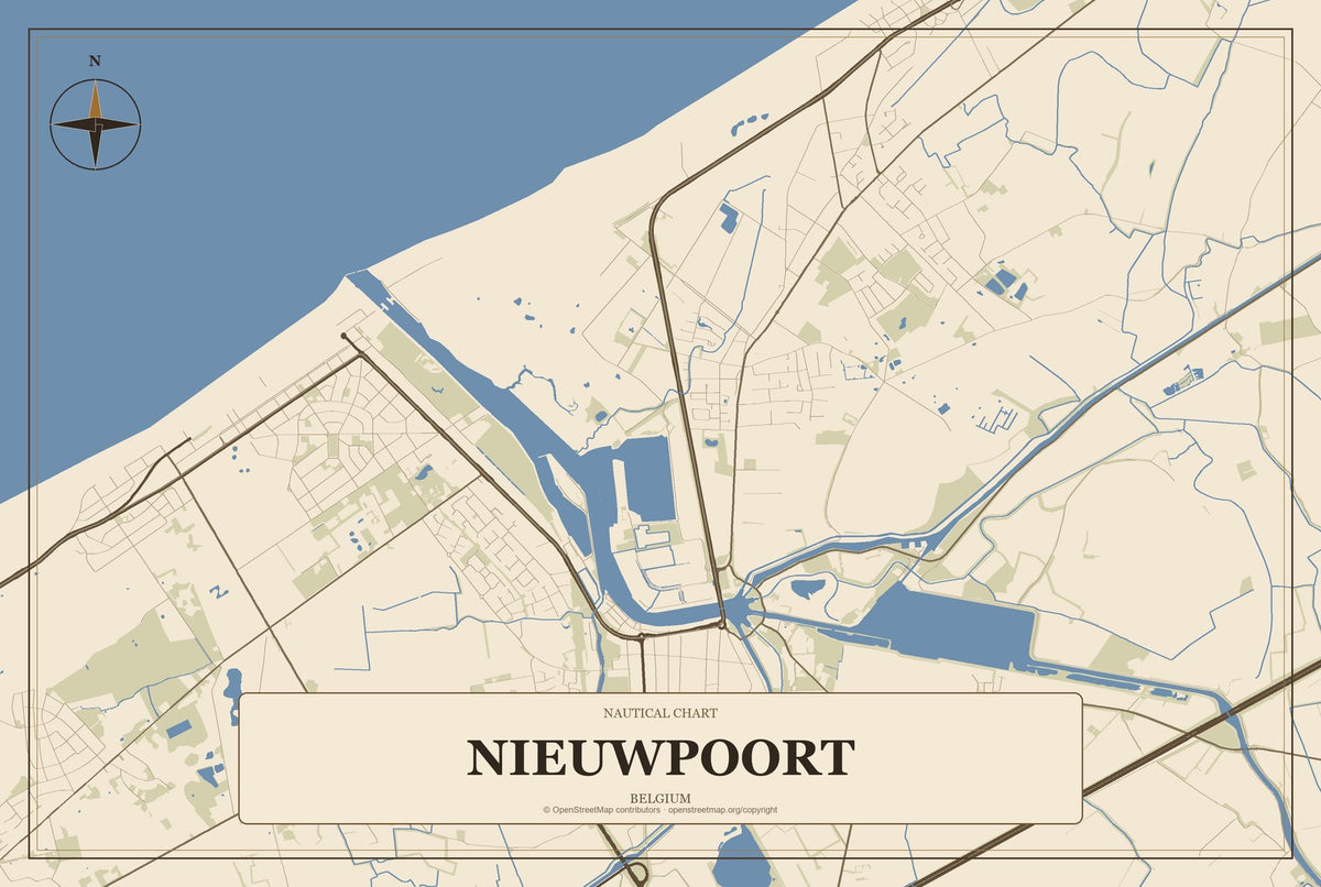 Nieuwpoort, Belgium City Map Aluminum Sign in Heritage Nautical style