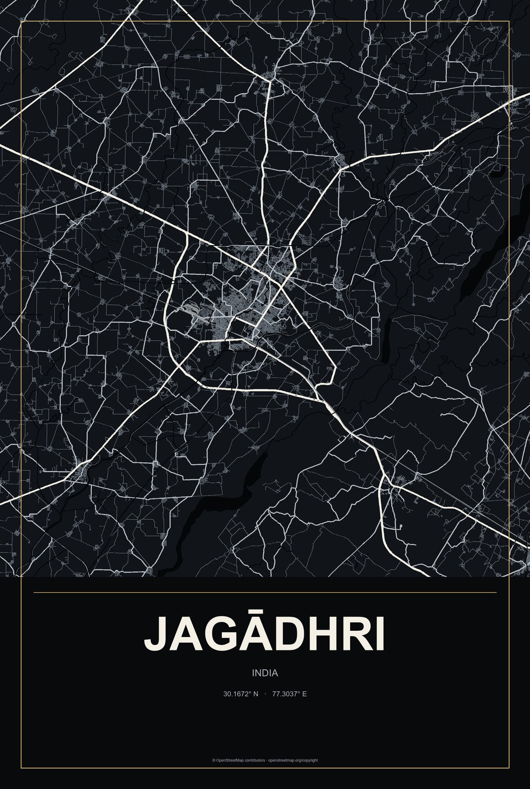 Jagādhri, India City Map Aluminum Sign in Metropolitan Noir style