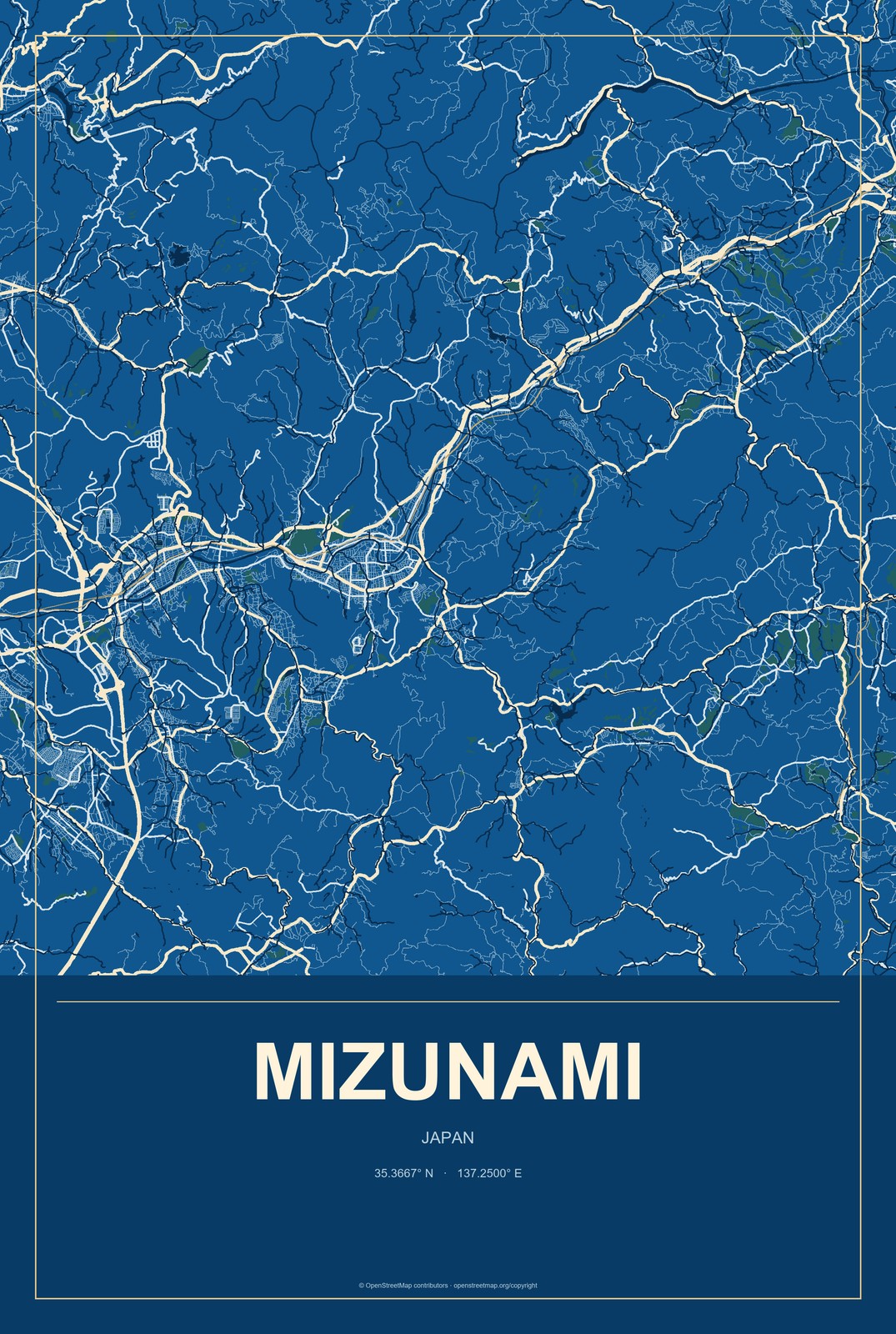 Mizunami, Japan City Map Aluminum Sign in Harbor Cobalt style
