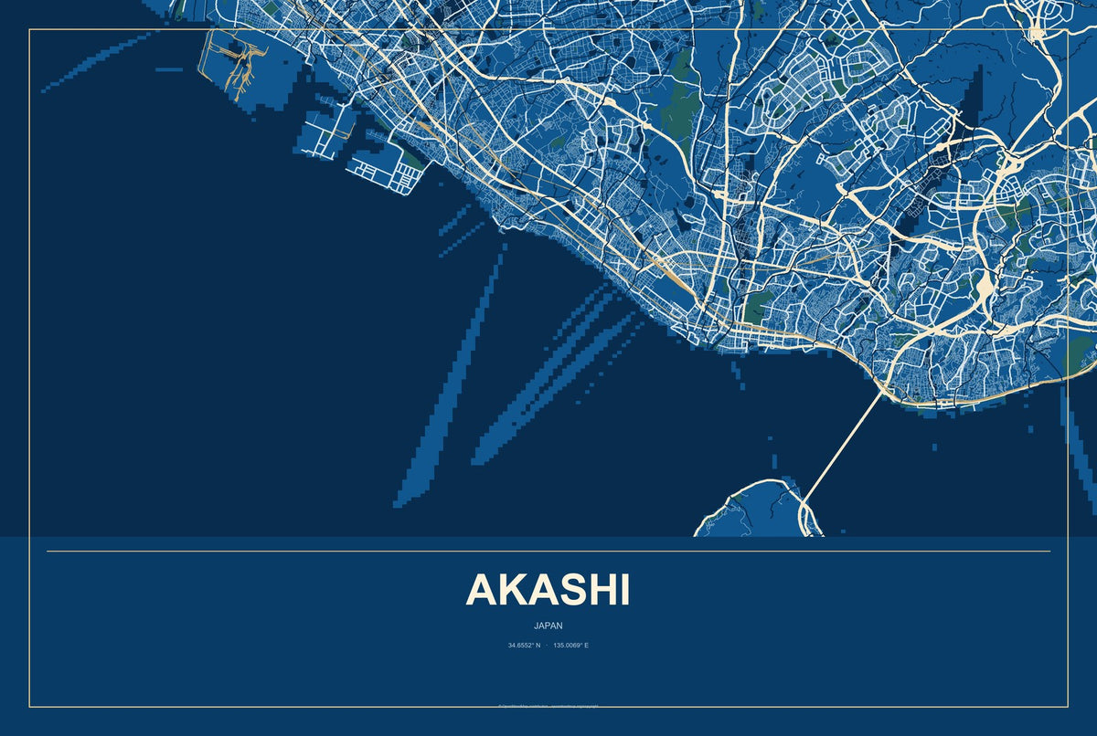 Akashi, Japan City Map Aluminum Sign in Harbor Cobalt style