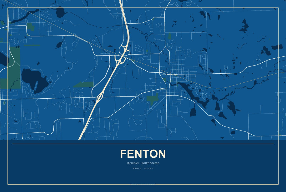 Fenton, Michigan City Map Aluminum Sign in Harbor Cobalt style