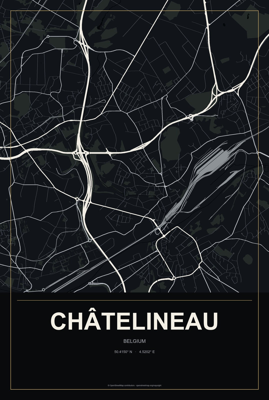 Châtelineau, Belgium City Map Aluminum Sign in Metropolitan Noir style